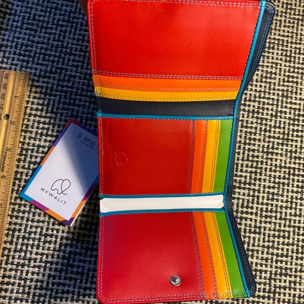 Mywalit Trifold Wallet Rainbow RFID Leather Black Blue 106-4 Unisex OS Black